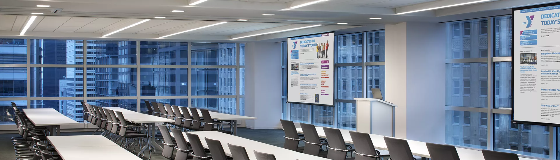 Access E projection screens in the YMCA headquarters, Chicago, IL. Photo by Michael Robinson.